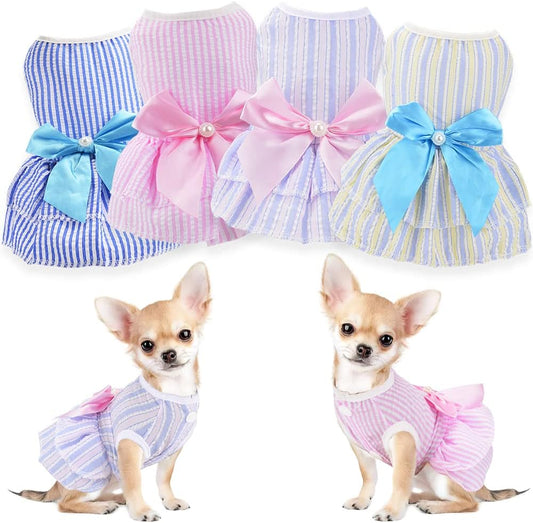 4 Pieces Dog Dresses for Small Dogs Girls,Summer Girl Dog Clothes, Cute Puppy Clothe Floral Fruits Pattern Female Pet Dog Princess Bowknot Dress Doggie Cat Outfit (AA, X-Small)